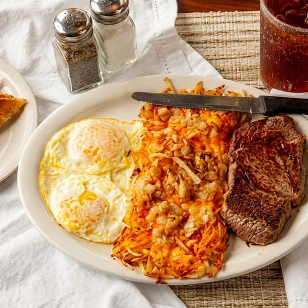 Steak and eggs breakfast with hash browns, toast, and a drink on a white tablecloth.