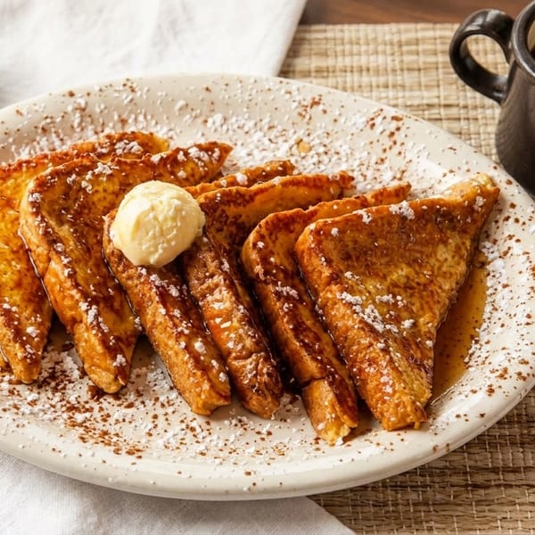 Golden French toast with butter, powdered sugar, and syrup, served with coffee and a side of syrup.