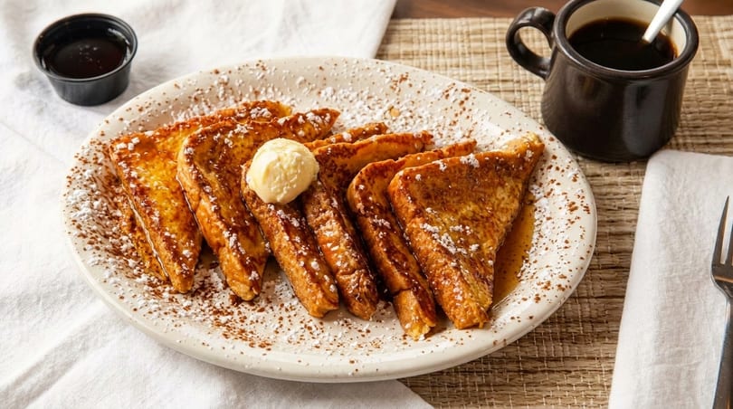 Golden French toast slices with butter, powdered sugar, and syrup, served with coffee.
