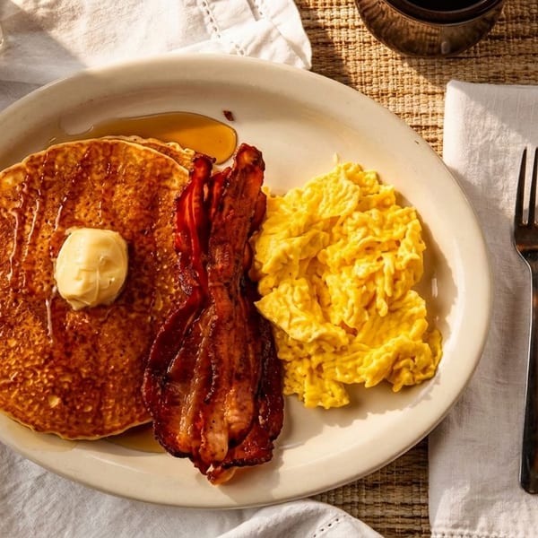 A breakfast plate with pancakes, bacon, and scrambled eggs, with salt and pepper shakers nearby.
